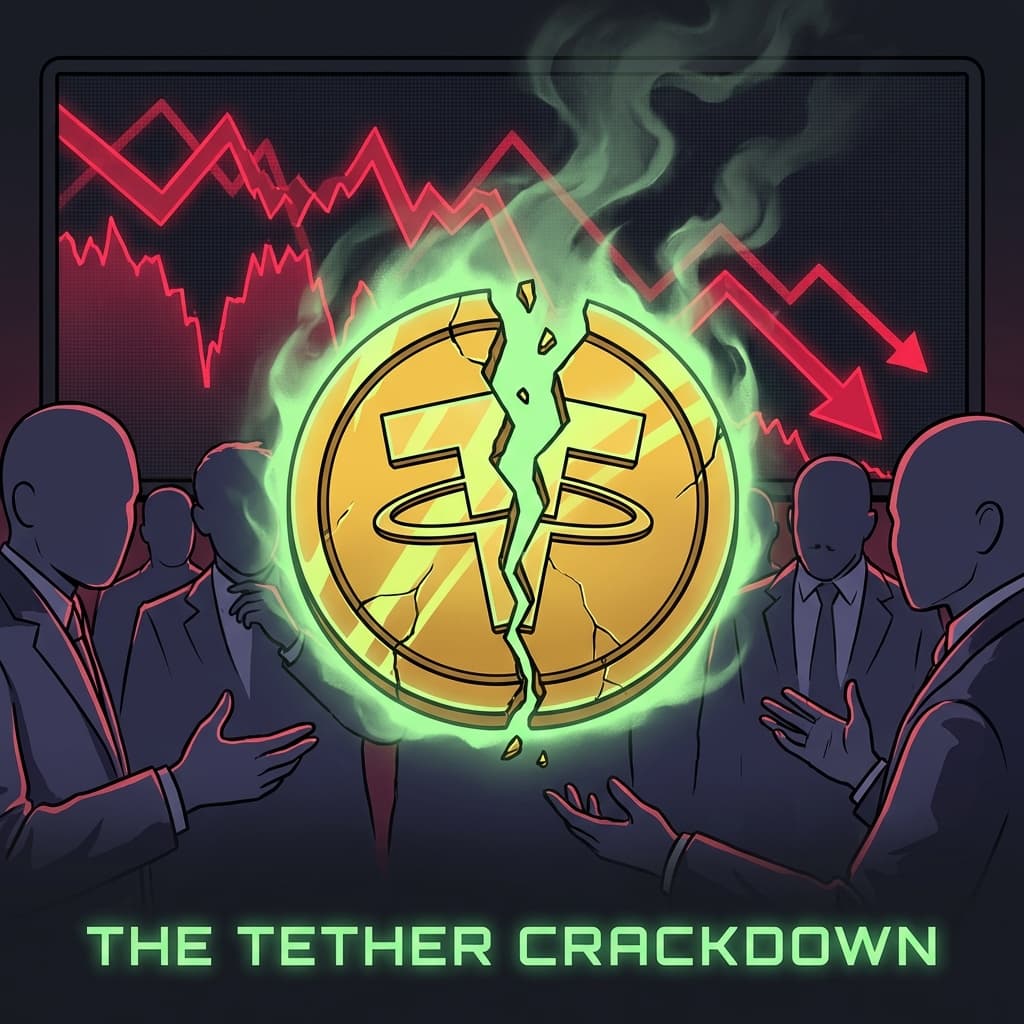 Digital representation of Tether (USDT) logo with symbols of market volatility and rumors